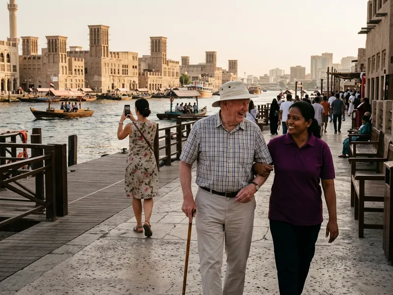 A support worker walking arm in arm with an older British man along Dubai Creek at Al Seef