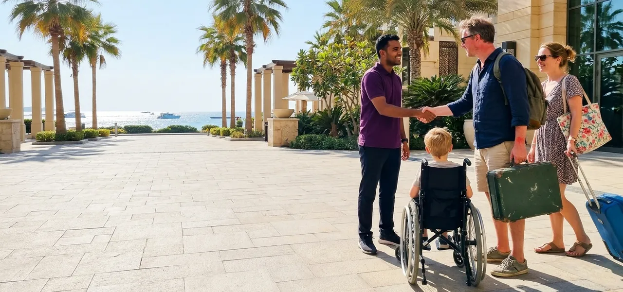 A support worker welcoming a British family and their son, who uses a wheelchair, at a Dubai beach hotel